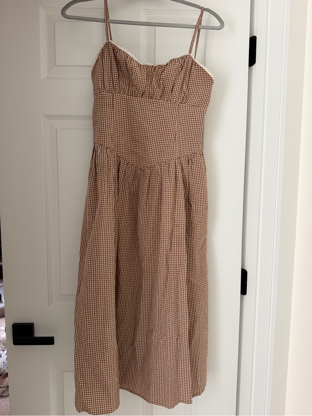 a new day Tan Gingham Midi Dress with Spaghetti Straps